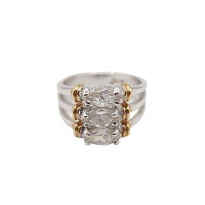 Signed DAC Stacked 3 Stone Crystal Silver Tone Gold Tone Ring Size 6.5-6.75